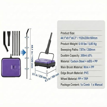 Manual Carpet Sweeper, Electric-Free Quiet Floor Sweeper with 300ml Easy-Empty Dustbin, 6.7” Cleaning Width for Pet Hair, Crumbs, Dust on Carpets, Hardwood, Tile - Home & Office Use (Purple) - color: Purple
