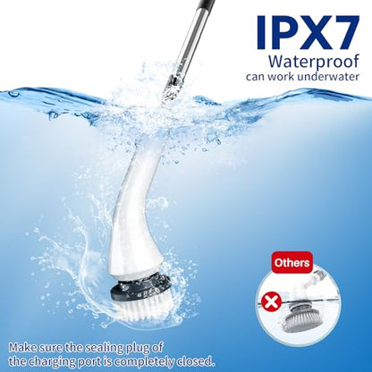 Electric Spin Scrubber,Cordless Bathroom Cleaning Brush with Replaceable Heads & Adjustable Extension Long Handle,Dual Speeds Power Shower Scrubber for Tile,Bathtub,Floor,Kitchen (White)