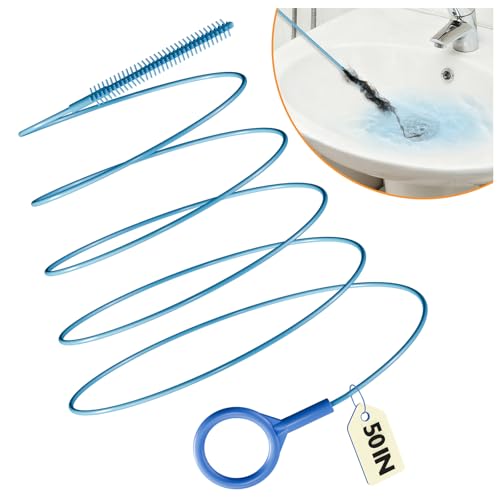 50 Inch Drain Snake Hair Drain Clog Remover Tool for Bathroom Sink – 4 Pack | Reusable Brush, 50-Inch Break-Resistant Steel Wire Rope with Nylon Coating, 0.27-inch wand for Shower Drain Cleaning