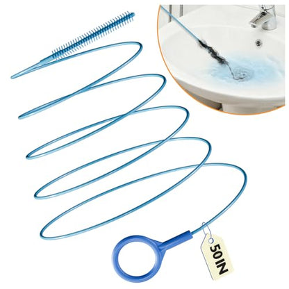 50 Inch Drain Snake Hair Drain Clog Remover Tool for Bathroom Sink – 4 Pack | Reusable Brush, 50-Inch Break-Resistant Steel Wire Rope with Nylon Coating, 0.27-inch wand for Shower Drain Cleaning