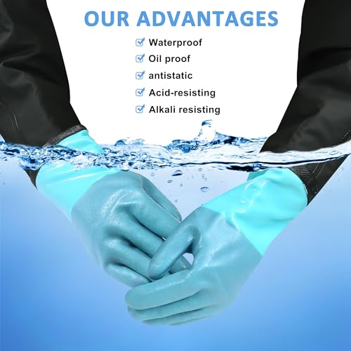 27" Full Arm Pond Gloves, Long Heavy Duty Gloves with Cotton Lining, Waterproof Rubber Chemical Resistant Glove - color: Blue