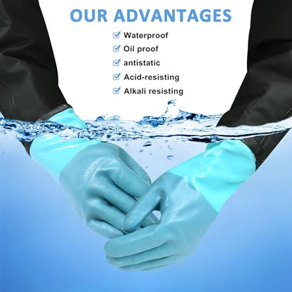 27" Full Arm Pond Gloves, Long Heavy Duty Gloves with Cotton Lining, Waterproof Rubber Chemical Resistant Glove - color: Blue