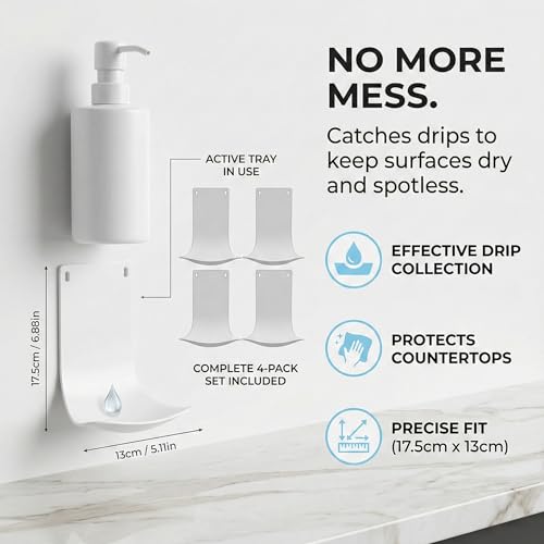 YARNOW 4PCS Dispenser Drip Tray - Wall Mounted Laundry Detergent Catcher - Cup Liquid Dispenser Holder for Kitchen Sink, Bathroom & Laundry Room Use - Easy Installation and Cleaning, White