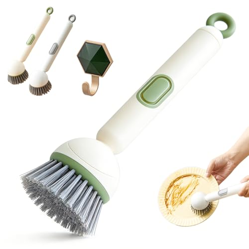 6-in-1 Rotatable Dish Brush with Detergent Dispenser, Dish Brush with Soap Dispenser for Pots Pans Dishes & Utensils 360° Rotating Adjustable Non-Slip Grip Handle Durable Pet Bristles (Green) - color: Green