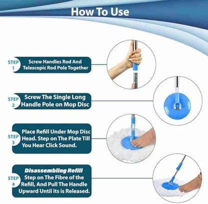( 2 Sink Wipper Free ) Indian Home and Kitchen Stainless Spin Mop Stick for Floor Cleaning Without Bucket Telescopic Handle, Microfiber Head, Blue and White