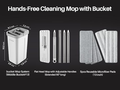 JOYMOOP Flat Mop System, Microfiber Mop and Bucket Set, White, Hands-Free Wet and Dry Floor Cleaning for Household and Commercial Use, Includes 5 Washable Pads - color: White Lite135