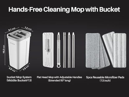 JOYMOOP Flat Mop System, Microfiber Mop and Bucket Set, White, Hands-Free Wet and Dry Floor Cleaning for Household and Commercial Use, Includes 5 Washable Pads - color: White Lite135