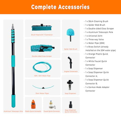 Water Fed Pole Kit, 33FT Solar Panel Cleaning Pole with Extendable Handle, 180° Rotatable Brush Head & 65.6FT Hose, Household & Outdoor Window Cleaner Tool for Caravan Solar Panel Deck - size: 33FT