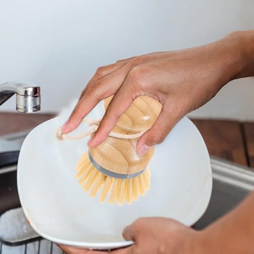 Toyvian Handle Dish Scrub Brush with Palm Fiber Bristles, Gray Kitchen Cleaning Brush for Stubborn Stains, Vegetable and Pot Scrubber, Eco-Friendly Kitchen Supplies