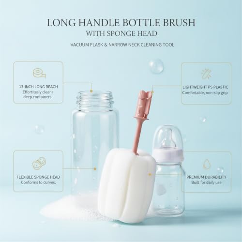 Long Handle Bottle Brush with Sponge Head, 13 Inch Cleaning Tool for Vacuum Flask and Narrow Neck Containers (1 PC) - color: Pink
