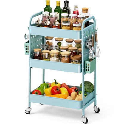 KINGRACK 3 Tier Rolling Cart with DIY Pegboard, Metal Utility Cart with Wheels, Hooks & Baskets, Sturdy Storage Organizer for Craft, Bathroom, Kitchen, Office, Nursery, Classroom（Blue） - color: Blue