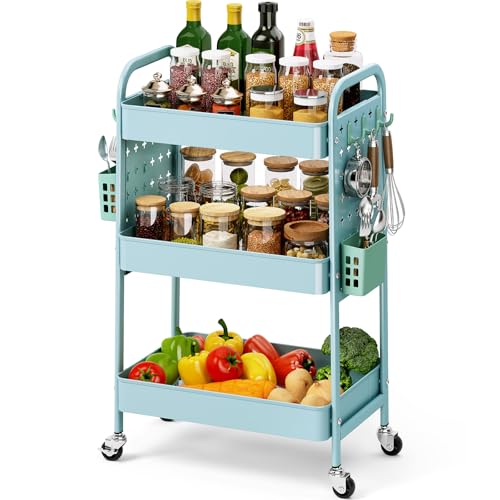 KINGRACK 3 Tier Rolling Cart with DIY Pegboard, Metal Utility Cart with Wheels, Hooks & Baskets, Sturdy Storage Organizer for Craft, Bathroom, Kitchen, Office, Nursery, Classroom（Blue） - color: Blue