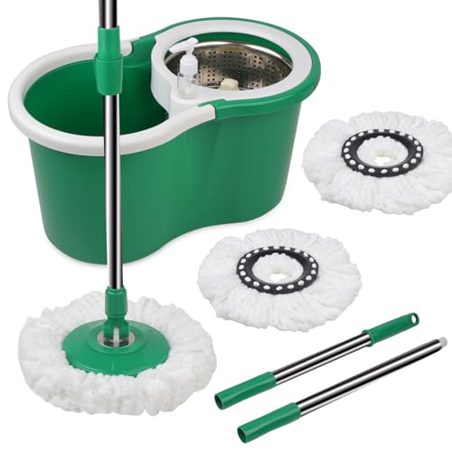 Spin Mop and Bucket, Mop and Bucket with Wringer Set 360° Spinning Mop with 3 Microfiber Mop Refills 61" Adjustable Handle for Floor Cleaning - color: Green