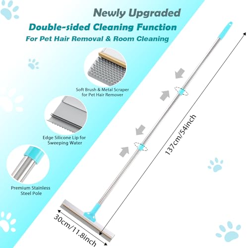 Hotsky Carpet Rake for Pet Hair Removal,3 in 1 Reusable Silicone Carpet Broom,54 inch Adjustable Cat Dog Hair Remover Tool with Lint Scraper and Patented Design for Rugs,Mats,Sofas,Floors