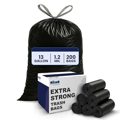 Plasticplace 13 gallon Extra Tall Drawstring Kitchen Trash Bags | Black 1.2 Mil, 24"W x 31"H (200Count) - color: Black, size: 200 Count (Pack of 1)