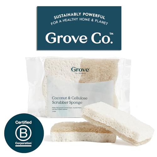Grove Co. Coconut Scrubber Sponges, 6 Count, Dual Sided, Non-Scratch | 100% Plant-Based Cellulose; Super Absorbent; Removes Tough Messes; Easy to Clean