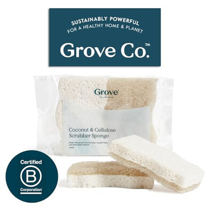 Grove Co. Coconut Scrubber Sponges, 6 Count, Dual Sided, Non-Scratch | 100% Plant-Based Cellulose; Super Absorbent; Removes Tough Messes; Easy to Clean