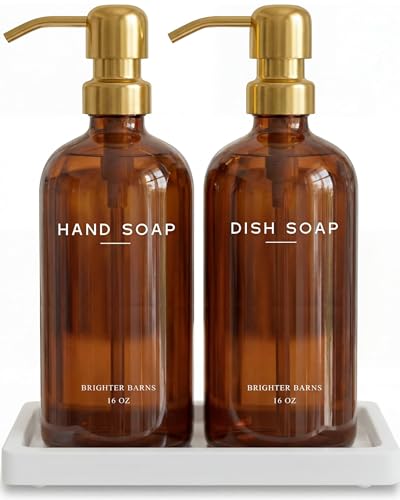 Luxury Glass Hand and Dish Soap Dispenser Set with Tray by Brighter Barns - Kitchen Soap Dispenser with Tray and Pump for Kitchen Sink - Luxury Home Decor for Airbnb, Restaurant, Hotel (Amber/Gold) - color: Amber Gold Hd