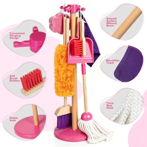 Masthome Wooden Kids Cleaning Set, 8 Pcs Toddler Housekeeping Pretend Play Toys, Broom Mop Dustpan Duster Cleaning Tools with Storage Stand, Educational Life Skill Play Kit for Boys GirlsAges 3+