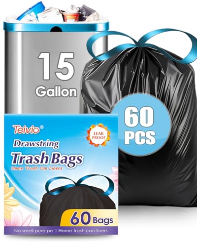Teivio 15 Gallon 60 Counts Strong Tall Kitchen Drawstring Trash Bags, Medium Plastic Garbage Bags for Home Kitchen Garden Office Tall Trash Can, Black Waste Bin Liners - style: 60-15Gallon-Black