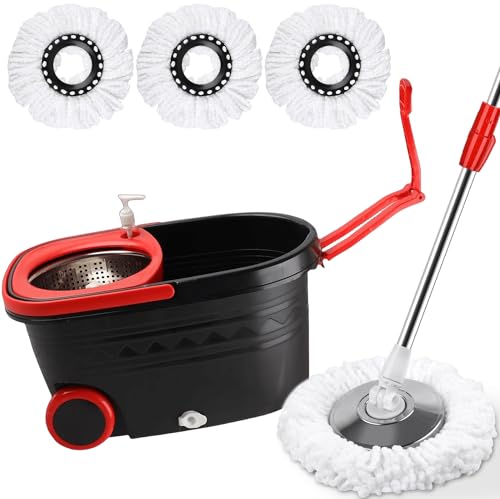 mop and Bucket Set with Wringer - 360° Rotating Mop Bucket Floor Cleaning System on Wheels, 3 Microfiber Mop Refills for Fast Cleaning, Extendable 61"" Stainless Steel Handle, Black&red