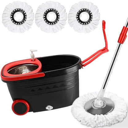 Mop and Bucket Set with Wringer, 360° Rotating Mop Bucket Floor Cleaning System on Wheels, 3 Microfiber Mop Refills for Fast Cleaning, Extendable 61' Stainless Steel Handle, Black&red