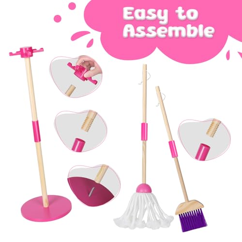 Masthome Wooden Kids Cleaning Set, 8 Pcs Toddler Housekeeping Pretend Play Toys, Broom Mop Dustpan Duster Cleaning Tools with Storage Stand, Educational Life Skill Play Kit for Boys GirlsAges 3+