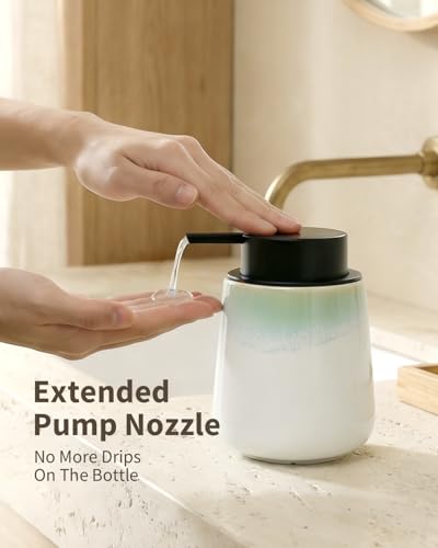 BosilunLife Hand Soap Dispenser - Ceramic Dish Soap Dispenser for Bathroom 12ounce Refillable Liquid Hand Wash Dispenser for Essential Oil, Lotion Soap, White with Blue-Green Rim - color: White With Blue-green Rim