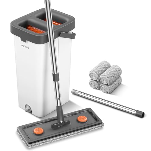 JUDRDO Mop and Bucket with Wringer Set for Home,61" Flat Mop and Bucket System for Floor Cleaning,Wet Dry Mop Window Wall Cleaner with Long Handle,Floor Mop with 4 Washable Microfiber Pads