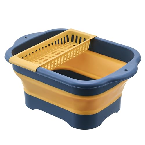 2.98 Gallon (11.28L) Collapsible Dish Basin with Drain Plug, Outdoor Multiuse Foldable Sink Tub, Dishpan, Wash Basin, Portable Kitchen Storage Tray for Camping, RV, Beverage Bucket (Yellow) - color: Yellow