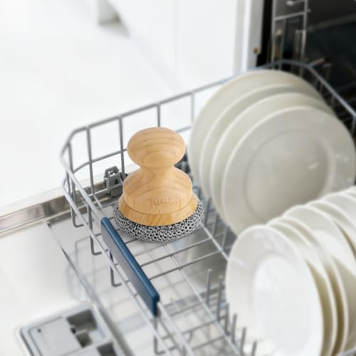 Cast Iron Scrubber and Scraper,Chain Mail Cleaner with Bamboo Handle & Draining Tray,316 Stainless Steel Brush for Cleaning Pots,Pans,Wok,Bakeware,Griddles, Grills,Dishes (Small Chain Mail) - size: Small chain ring