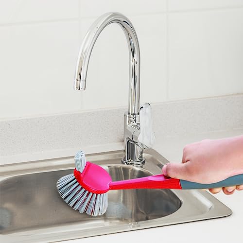 Cello Kleeno Dual Action Sink & Dish Brush, Red & Grey | Flexible Bristles, Hanging Provision | Rubberised Handle & Tough Bristles for Stubborn Stains |Plastic Kitchen Sink Basin Wash Cleaning Brush