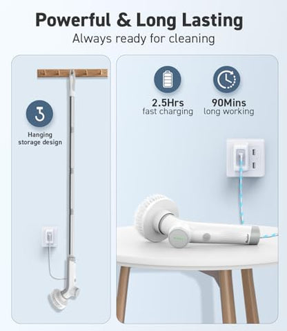 VEWIOR Electric Spin Scrubber, Cordless Cleaning Brush with 3 Adjustable Angle 2 Speeds 3 Replaceable Brush Heads for Floor Bathroom Tub Tile Kitchen Window