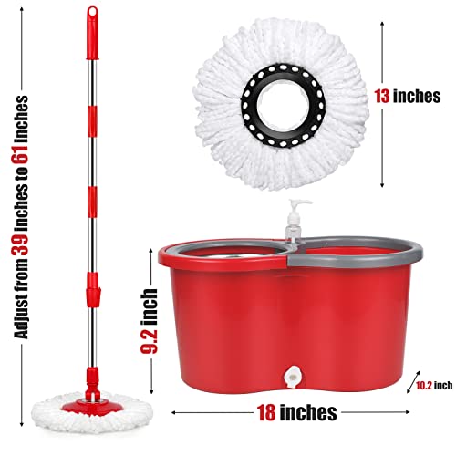 Spin Mop and Bucket, Microfiber Spin Mop & Bucket Floor Cleaning System, Spin Mop Kit with 3 Mop Heads, Mop with Stainless Steel Wringer, 61 inches Telescoping Mop Rod (Red) - color: Red