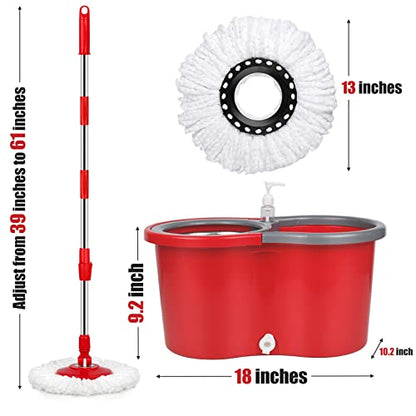 Spin Mop and Bucket, Microfiber Spin Mop & Bucket Floor Cleaning System, Spin Mop Kit with 3 Mop Heads, Mop with Stainless Steel Wringer, 61 inches Telescoping Mop Rod (Red) - color: Red