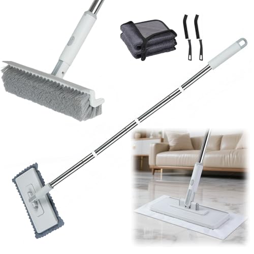 4 in 1 Disposable Dust Mop with Squeegee & Floor Scrub Brush with Long Handle, 2 Shiny Towels Wipes Cleaning Cloths, 2 Crevice Brush, Snap Grip Mini Mop for Windows Car Glass Floor Shower Bathroom