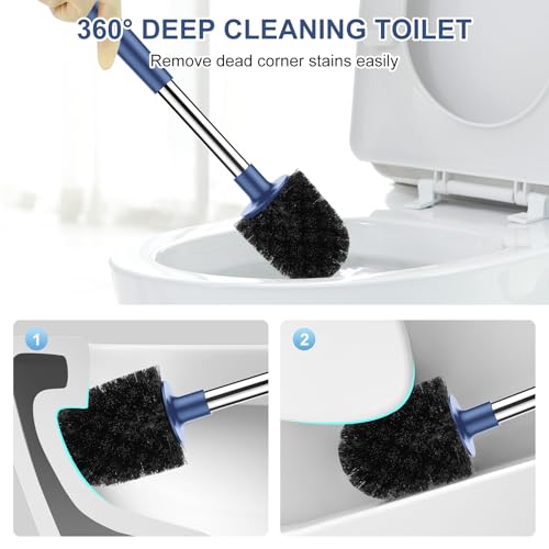 SetSail Toilet Brush and Holder 3 Pack, Self Closing Lid Toilet Bowl Brushes Holder Extra Long Handle Ventilated Toilet Brush Set for Bathroom Cleaning, Nylon Bristles, Dark & Blue - color: Dark Blue, size: 3 packs