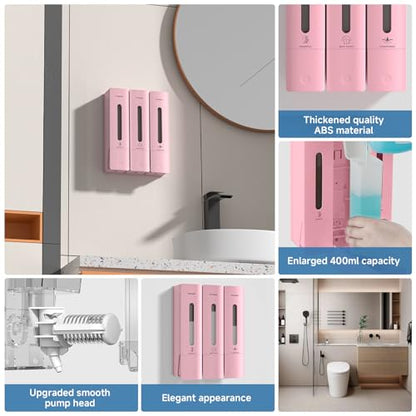 1984 Shower Soap Dispenser Bathroom Set Shampoo Conditioner Body Wash Dispenser Wall Mounted Shower Shampoo Dispenser 3 Chamber No Drill for Home Star Hotel 3 x 400ml Pink - color: Pink 3 Chamber