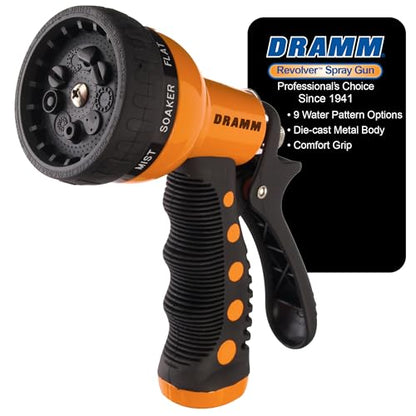 Dramm Revolver Heavy Duty Metal Garden Hose Nozzle – 9 Spray Patterns, High Pressure Jet, Thumb-Control Flow, Ergonomic Grip – Orange - color: Orange, style: 9-Pattern Revolver