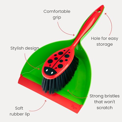 Vigar Flower Power Dust Pan and Brush Set - Mini Broom and Dustpan, Handheld Broom and Dustpan Set with Whisk Broom, Small Dustpan & Brush Set, Compact Indoor Sweeper for Countertop - Green Red Black - color: Ladybug
