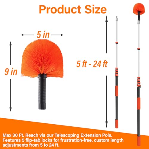 30FT Cobweb Duster with Extension Pole - High Reach Duster for High Ceilings & Outdoor Use - Telescoping Pole 5-24 Ft, Soft Bristles Cobweb Cleaner - 3/4" Acme Universal Thread - size: 24 FT