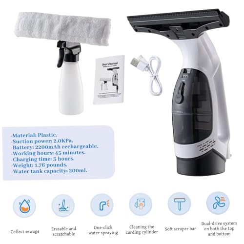 Window Vacuum Rechargeable, Handheld Window Vacuum Squeegee Cordless with Spray/Wipe/Suck up Water, 2KPa Powerful for Mirror Glass Windshield
