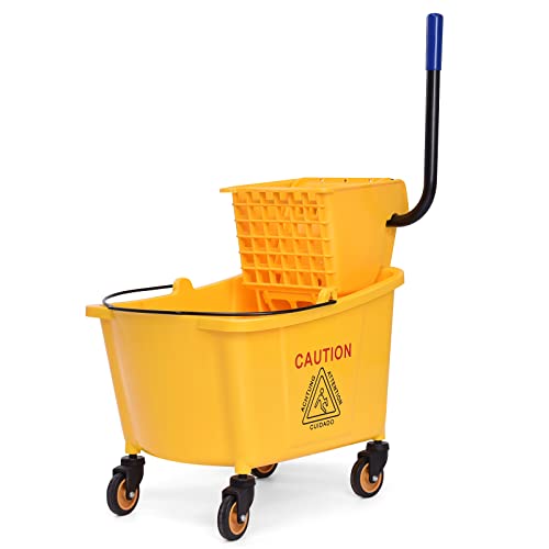 ARLIME Commercial Mop Bucket with Wringer, 35 Quart Capacity Portable Wringer Trolley, Side Press Floor Cleaning Wavebrake w/Handle, Small Mop Bucket on Wheels for Home, Industrial, Yellow - size: 35 Quart