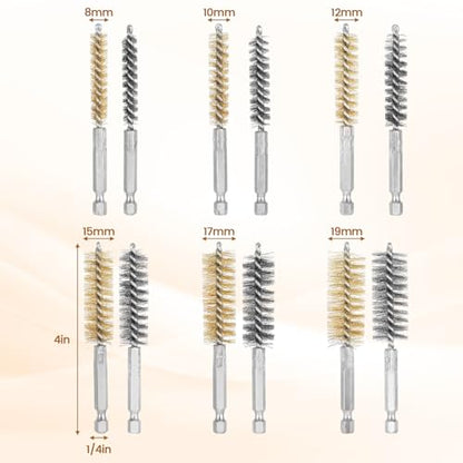 12 Pcs Bore Brush for Drill Wire Bore Brush Set Wire Cleaning Set for 1/4 Inch Hex Shank Power Drill Impact Driver (Stainless Steel, Brass, 8/10/12/15/17/19 mm)