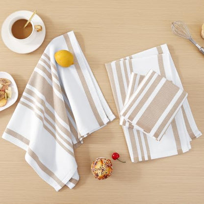 Homaxy Premium Kitchen Towels 18”x 28”, Large Cotton 380 GSM Kitchen Hand Towels, Stripe and Terry Dish Towel, Highly Absorbent Tea Towel Set with Hanging Loop, 8 Pack, Khaki - color: Khaki Stripe, style: 8-pack