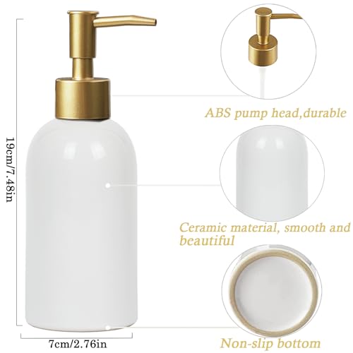 2Pack Ceramic Soap Dispenser White with Gold Pump,Simple Design Cylindrical Lotion Dispenser Bottle,Refillable Liquid Hand Soap Dispenser for Kitchen,Bathroom,Washroom - color: 2pcs White（a）