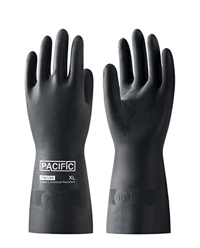 PACIFIC PPE Chemical Resistant Gloves, Heavy Duty Industrial Rubber Gloves, Resist Acid, Alkali and Oil, 12.6", X- Large - color: 12.6"/Black (1 Pair), size: XL/10