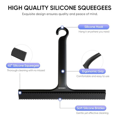 Shower Squeegee for Shower Glass Door Bathroom Accessories, Dual Head Wiper Cleans Water & Hair, Silicone Blade, Non-Slip Long Handle, Glass Window Door Wall Tile Cleaner