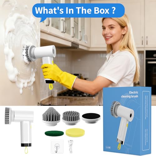 3000mAh Cordless Electric Spin Scrubber, 20W High-Torque IPX7 Waterproof Cleaning Brush with 6 Replaceable Heads, Dual Speed 150-180 Mins Runtime for Kitchen Bathroom Car - size: S2 M