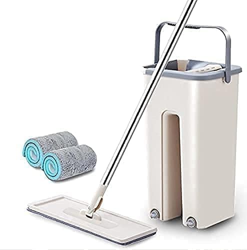Mop Heavy Quality Floor Mop with Bucket, Flexible Kitchen tap Flat Squeeze Cleaning Supplies 360 Flexible Head/2 Reusable Pads Clean Home Floor Cleaners